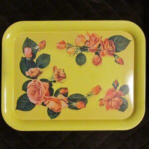 VINTAGE METAL TRAY YELLOW PEACHY PINK ROSES RECTANGLE SERVING SHABBY CHIC COTTAG